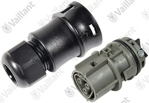 Vaillant Stecker und Hülse in Schwarz und Grau, geeignet für elektrische Verbindungen in Heizungsanlagen, ohne spezifische Maße oder Artikelnummer.